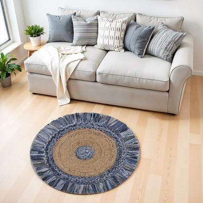 4' Beige And Blue Abstract Geometric Hand Woven Round Rug