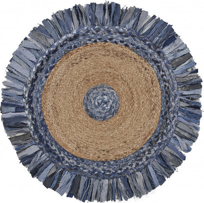 4' Beige And Blue Abstract Geometric Hand Woven Round Rug
