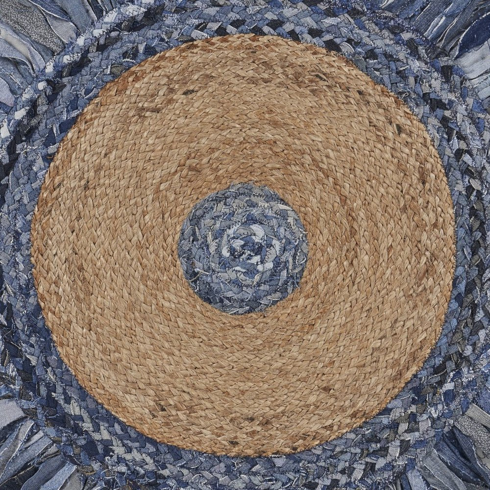 4' Beige And Blue Abstract Geometric Hand Woven Round Rug