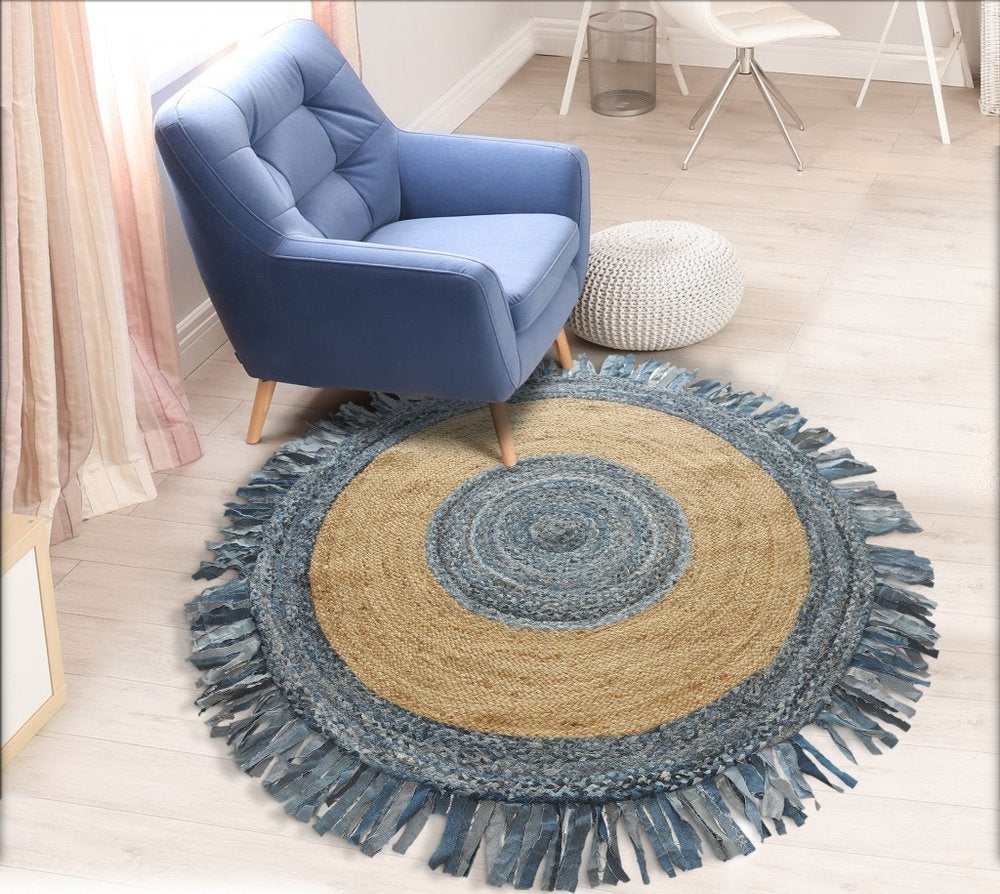 4' Beige And Blue Abstract Geometric Hand Woven Round Rug