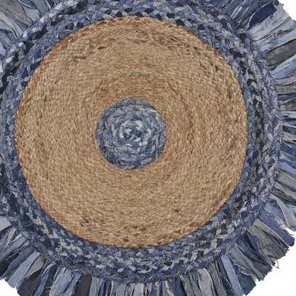 4' Beige And Blue Abstract Geometric Hand Woven Round Rug