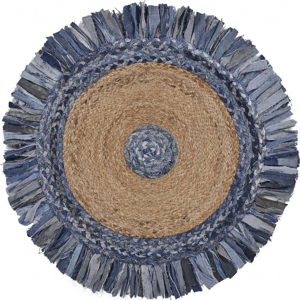 6' Beige And Blue Abstract Geometric Hand Woven Round Rug