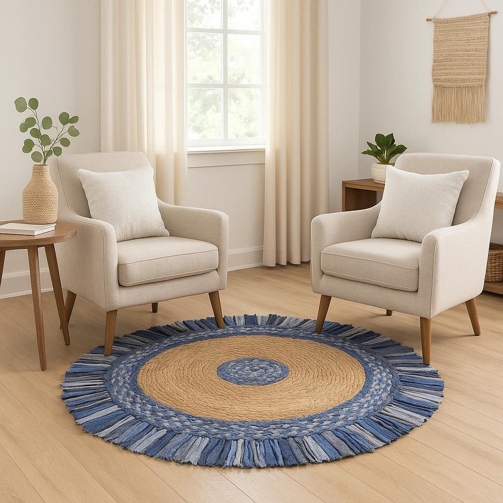 4' Beige And Blue Abstract Geometric Hand Woven Round Rug