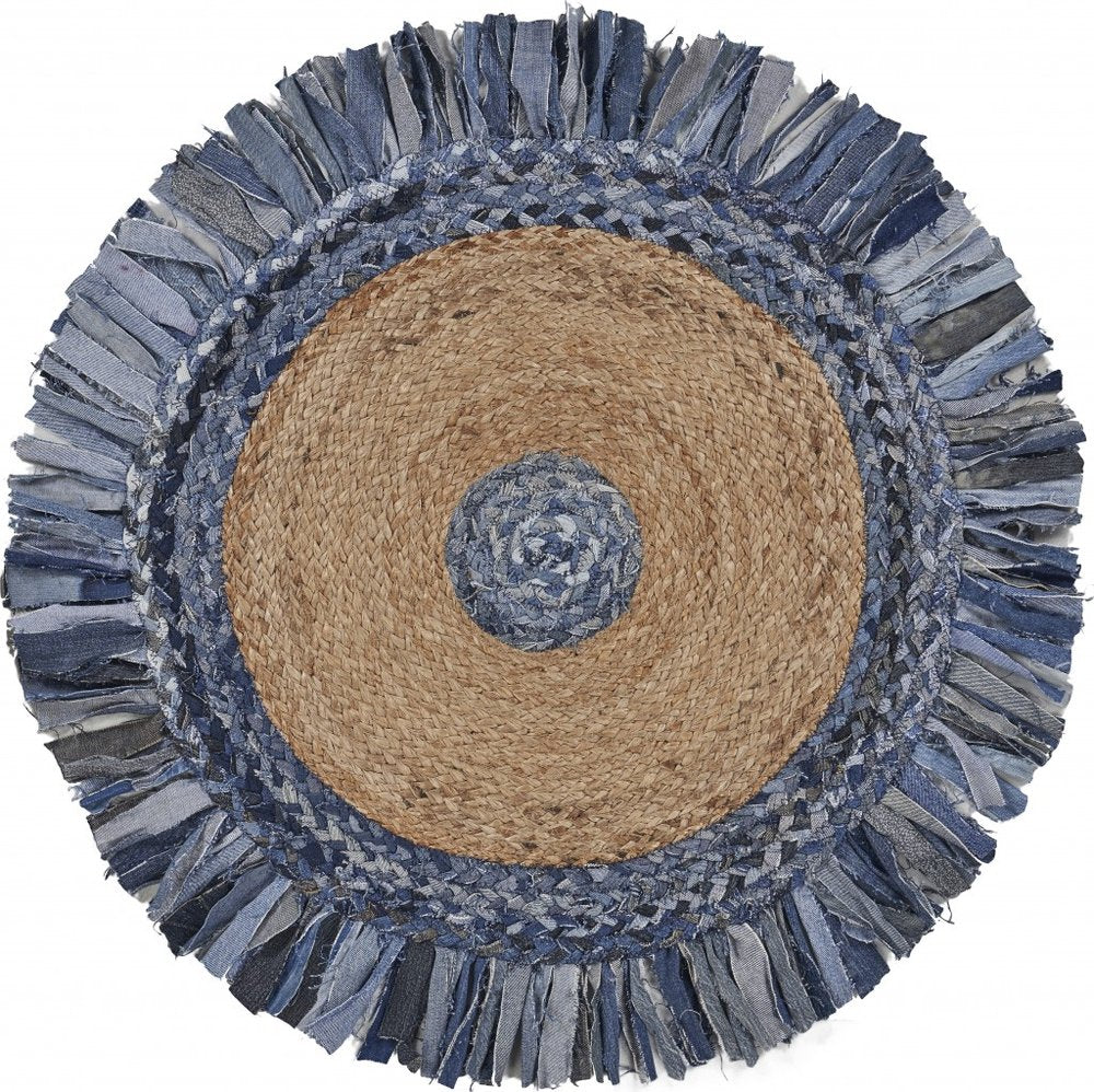 4' Beige And Blue Abstract Geometric Hand Woven Round Rug
