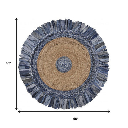 4' Beige And Blue Abstract Geometric Hand Woven Round Rug