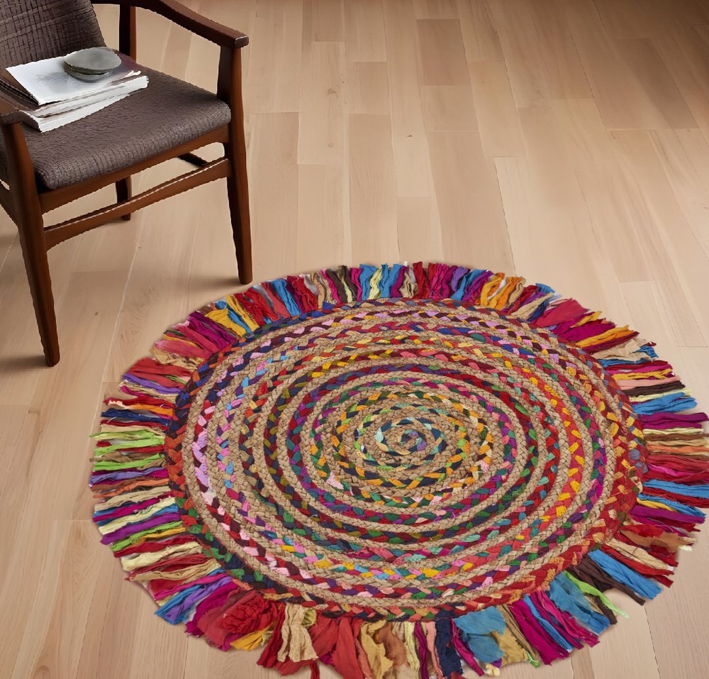 4' Rainbow Abstract Geometric Hand Woven Round Rug With Fringe