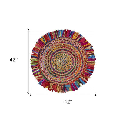 4' Rainbow Abstract Geometric Hand Woven Round Rug With Fringe