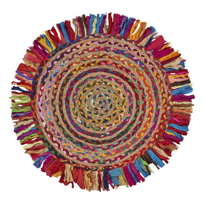 4' Rainbow Abstract Geometric Hand Woven Round Rug With Fringe