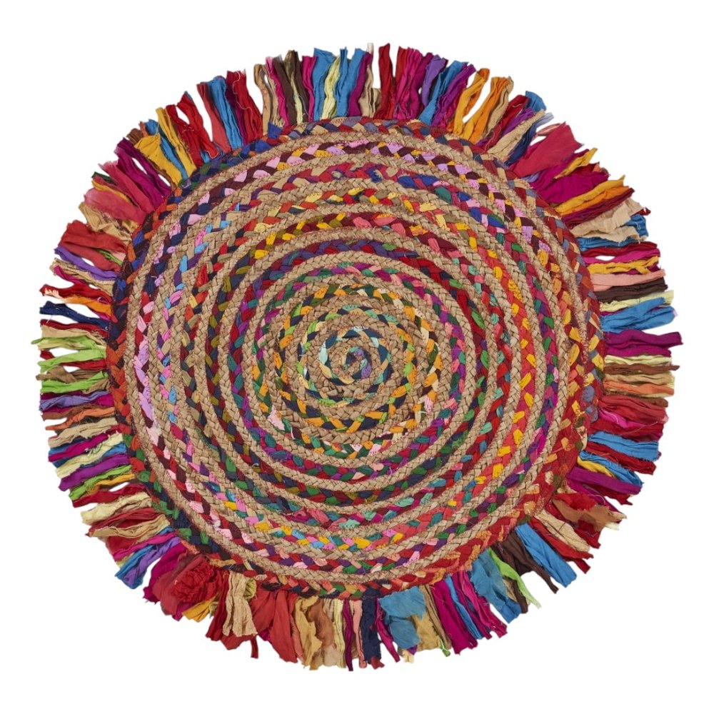 4' Rainbow Abstract Geometric Hand Woven Round Rug With Fringe