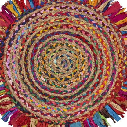 4' Rainbow Abstract Geometric Hand Woven Round Rug With Fringe