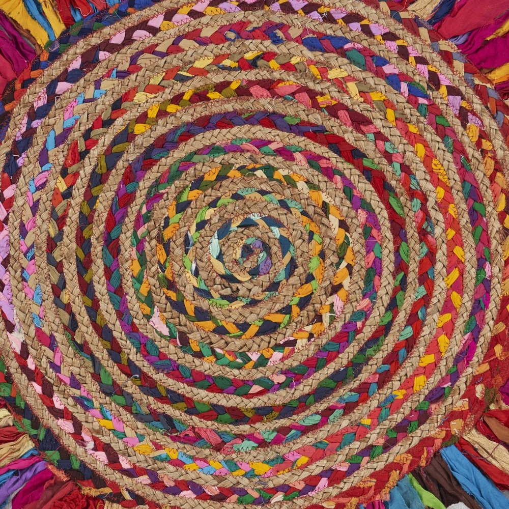 4' Rainbow Abstract Geometric Hand Woven Round Rug With Fringe