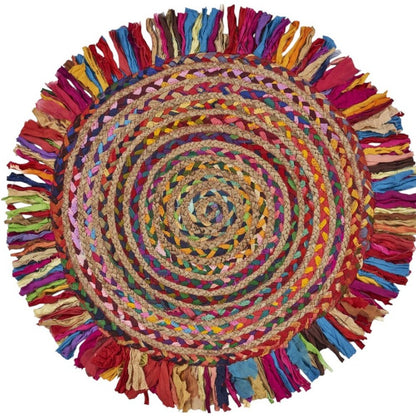 4' Rainbow Abstract Geometric Hand Woven Round Rug With Fringe