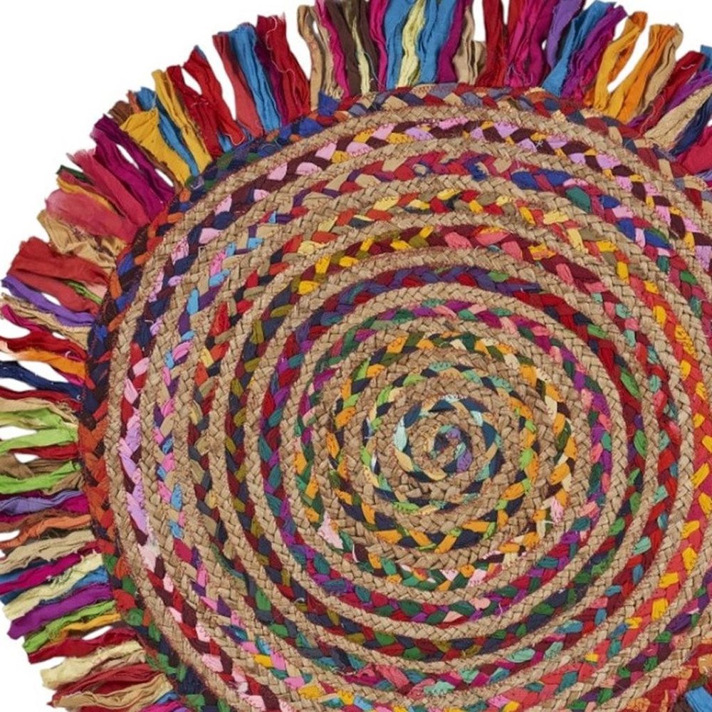 4' Rainbow Abstract Geometric Hand Woven Round Rug With Fringe