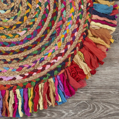 4' Rainbow Abstract Geometric Hand Woven Round Rug With Fringe