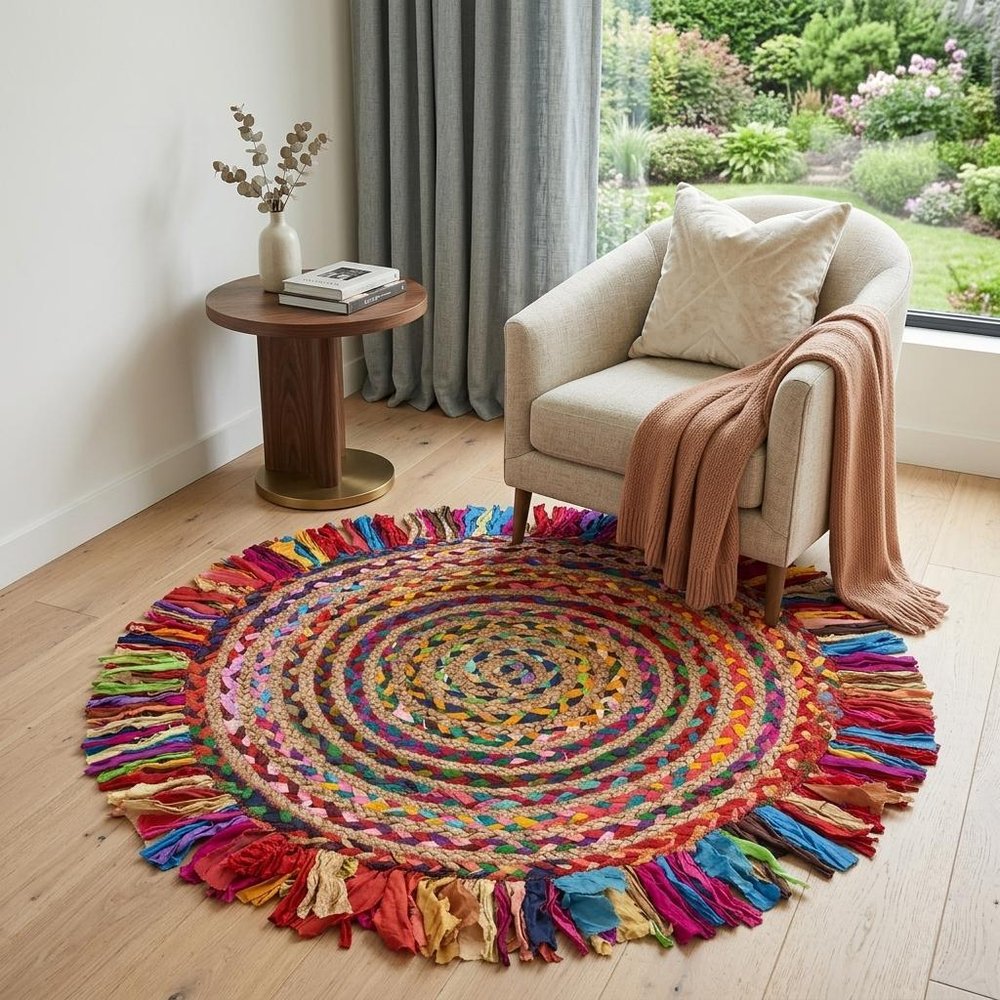 4' Rainbow Abstract Geometric Hand Woven Round Rug With Fringe