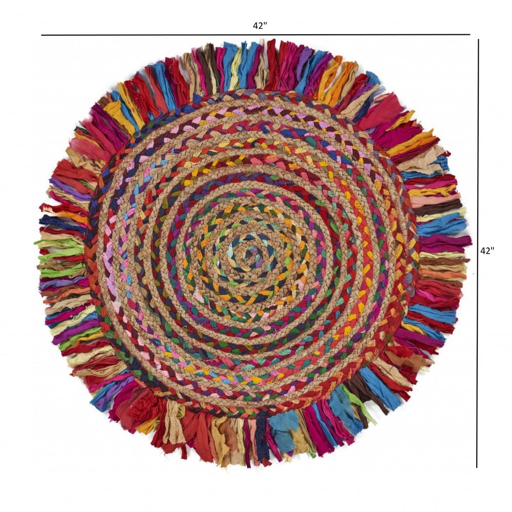 4' Rainbow Abstract Geometric Hand Woven Round Rug With Fringe