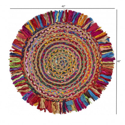 4' Rainbow Abstract Geometric Hand Woven Round Rug With Fringe