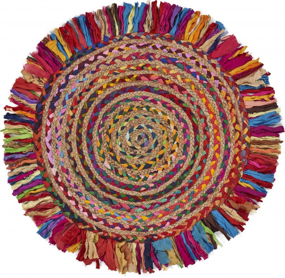4' Rainbow Abstract Geometric Hand Woven Round Rug With Fringe