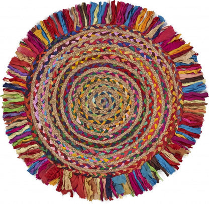 4' Rainbow Abstract Geometric Hand Woven Round Rug With Fringe