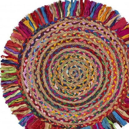 4' Rainbow Abstract Geometric Hand Woven Round Rug With Fringe