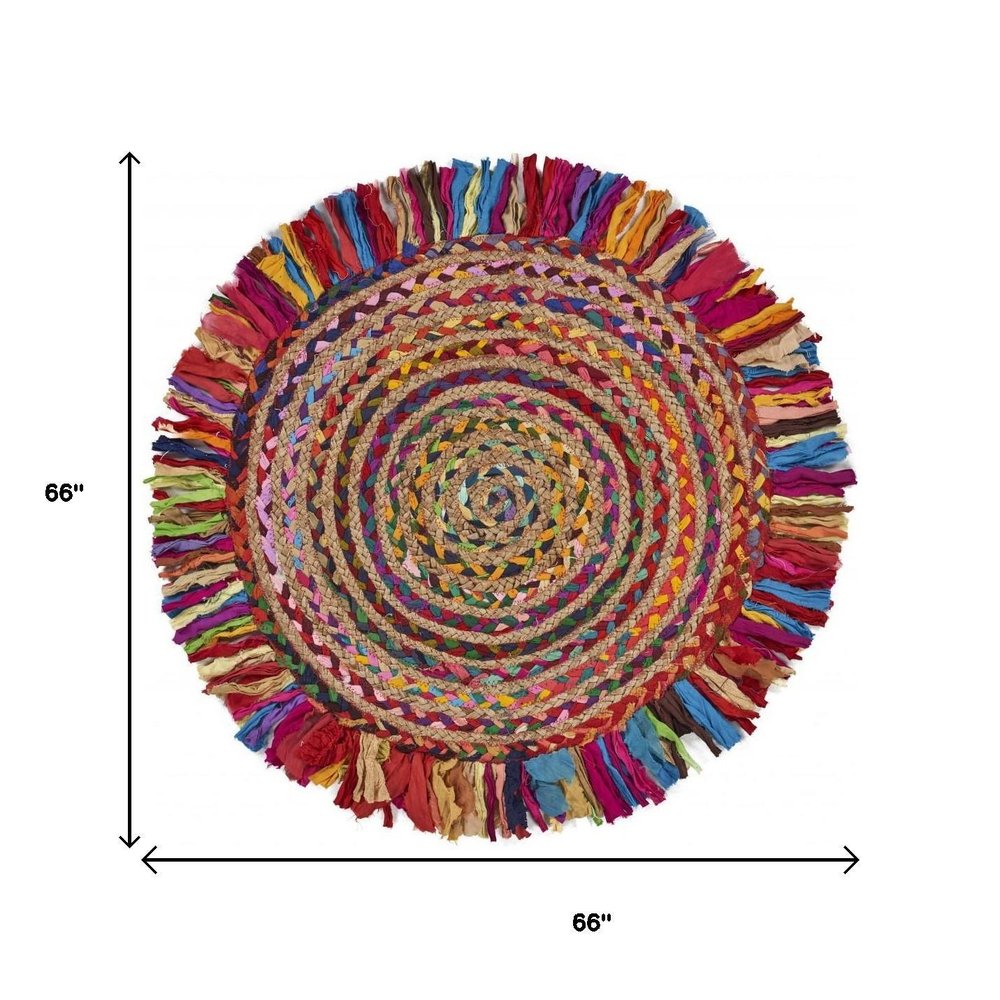 4' Rainbow Abstract Geometric Hand Woven Round Rug With Fringe