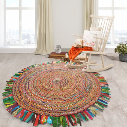 4' Rainbow Abstract Geometric Hand Woven Round Rug With Fringe