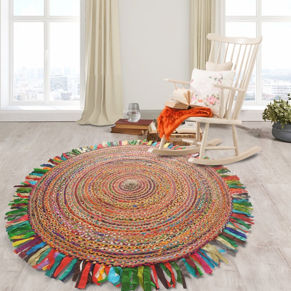 4' Rainbow Abstract Geometric Hand Woven Round Rug With Fringe