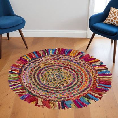 4' Rainbow Abstract Geometric Hand Woven Round Rug With Fringe