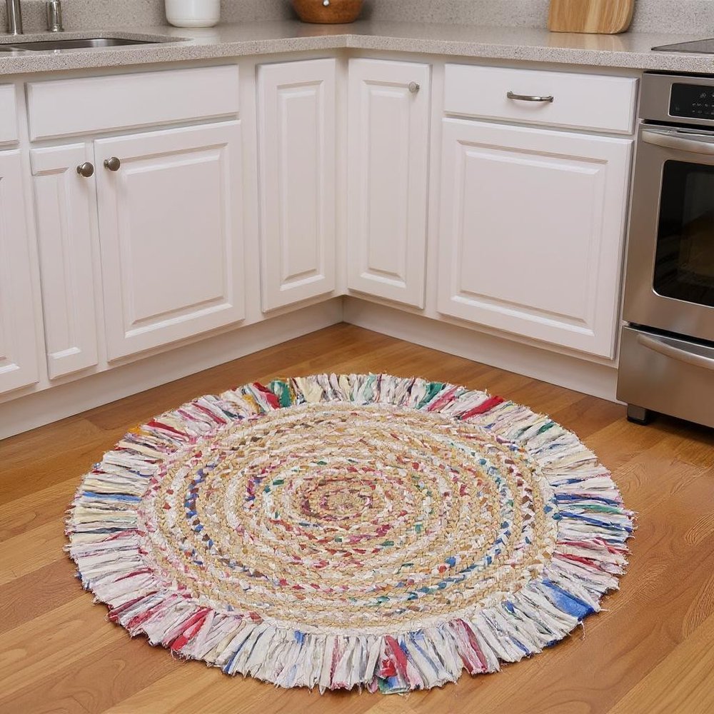 4' Blue And White Abstract Geometric Hand Woven Round Rug