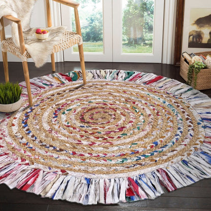 4' Blue And White Abstract Geometric Hand Woven Round Rug