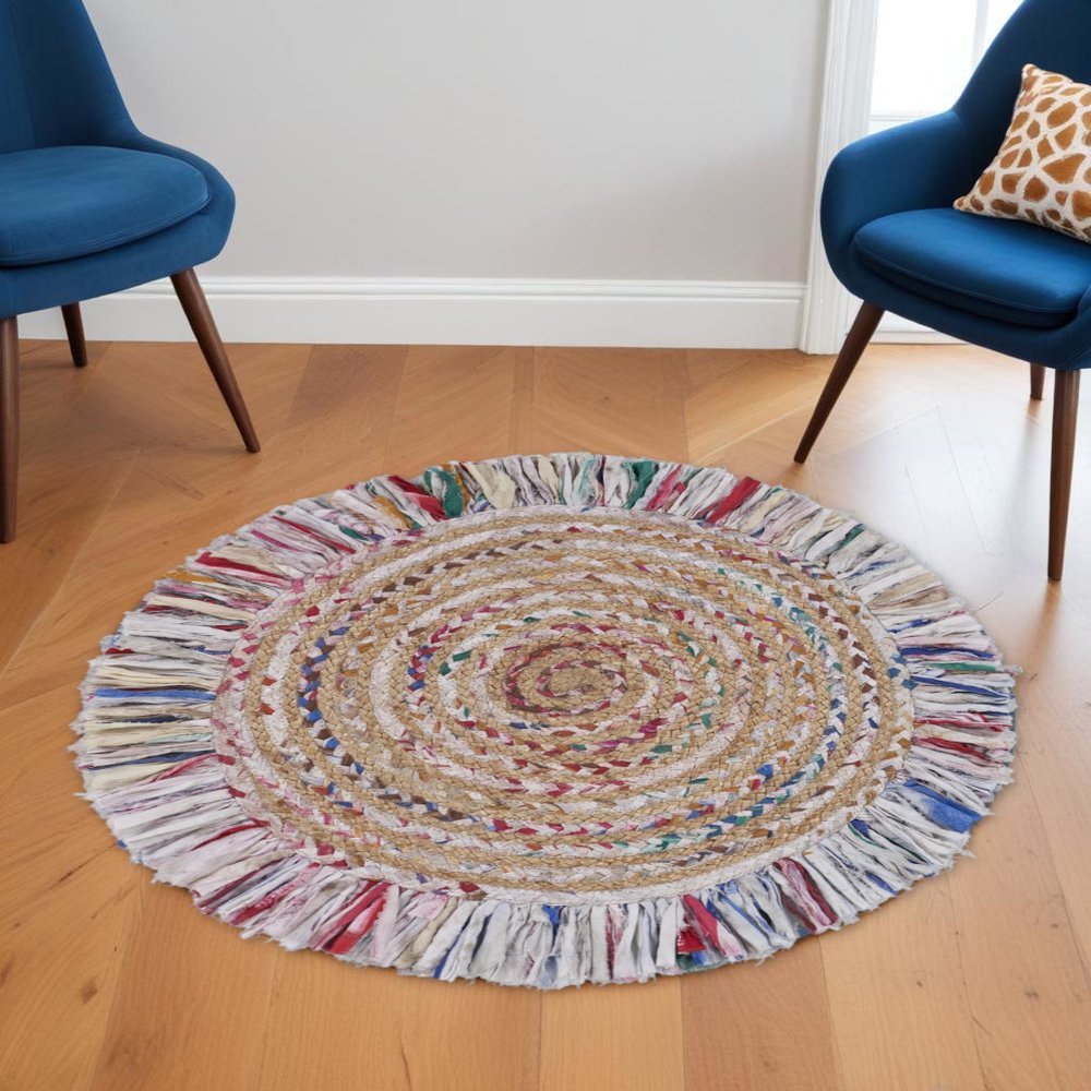 4' Blue And White Abstract Geometric Hand Woven Round Rug
