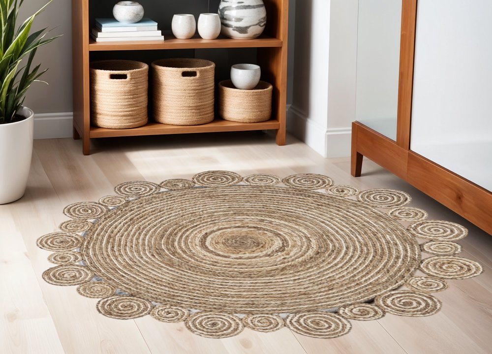 5' X 5' Beige Jute Abstract Geometric Hand Braided Area Rug