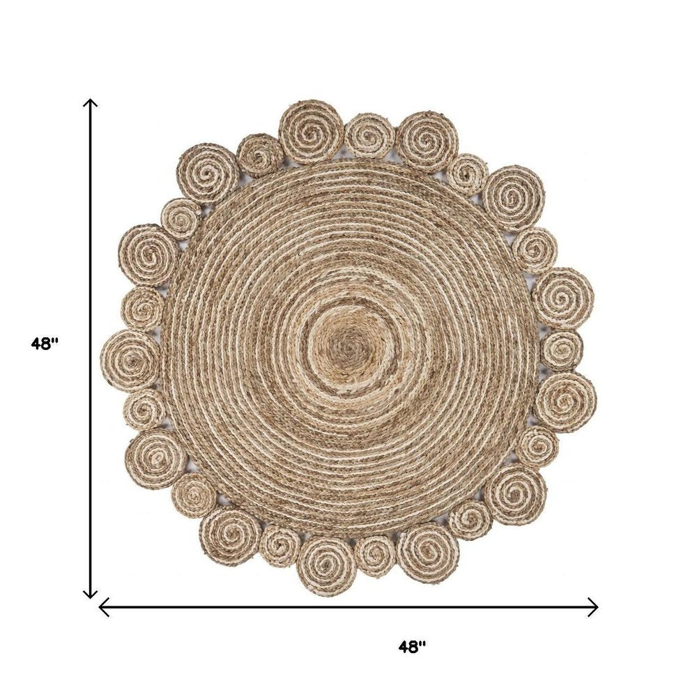 5' X 5' Beige Jute Abstract Geometric Hand Braided Area Rug