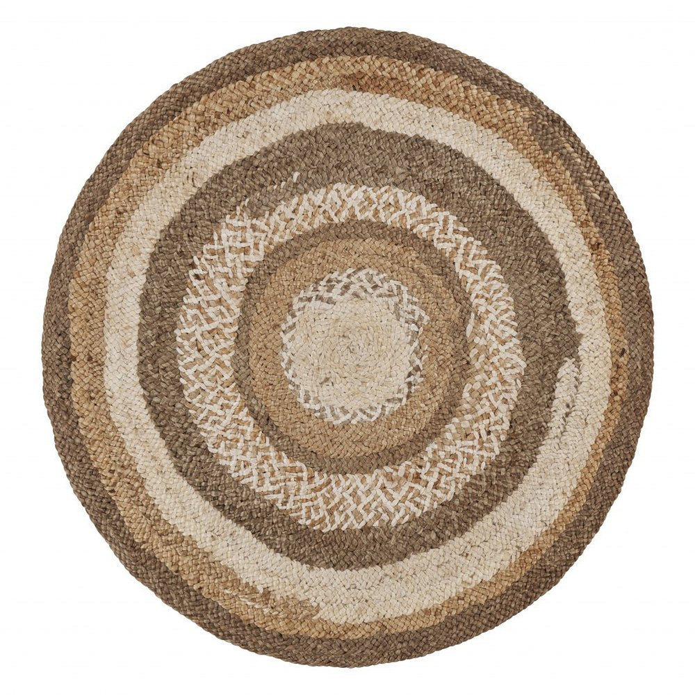 5' Beige Jute Abstract Geometric Hand Braided Round Rug
