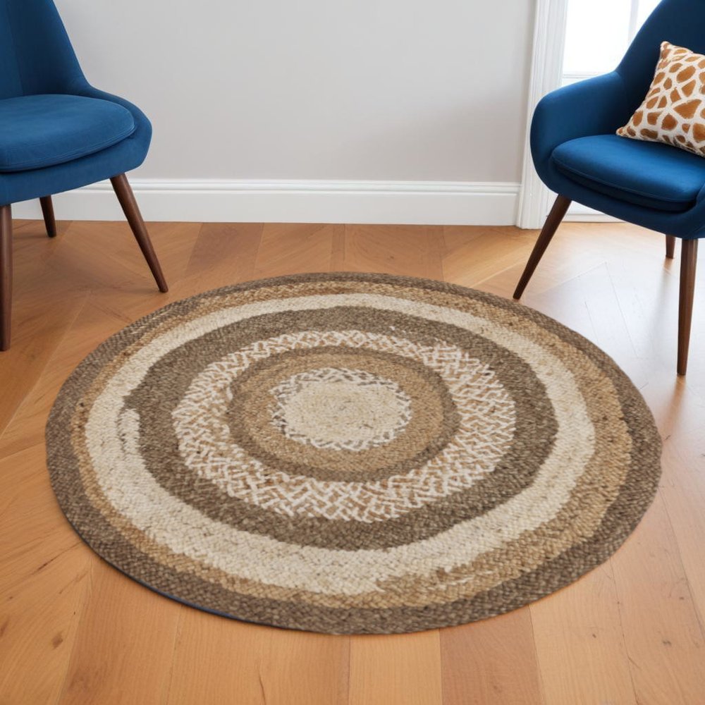 5' Beige Jute Abstract Geometric Hand Braided Round Rug