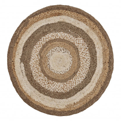 5' Beige Jute Abstract Geometric Hand Braided Round Rug