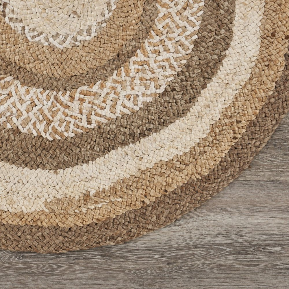 5' Beige Jute Abstract Geometric Hand Braided Round Rug