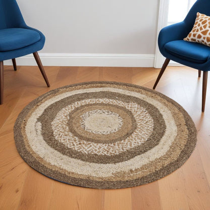 5' Beige Jute Abstract Geometric Hand Braided Round Rug