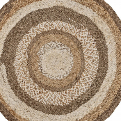 5' Beige Jute Abstract Geometric Hand Braided Round Rug