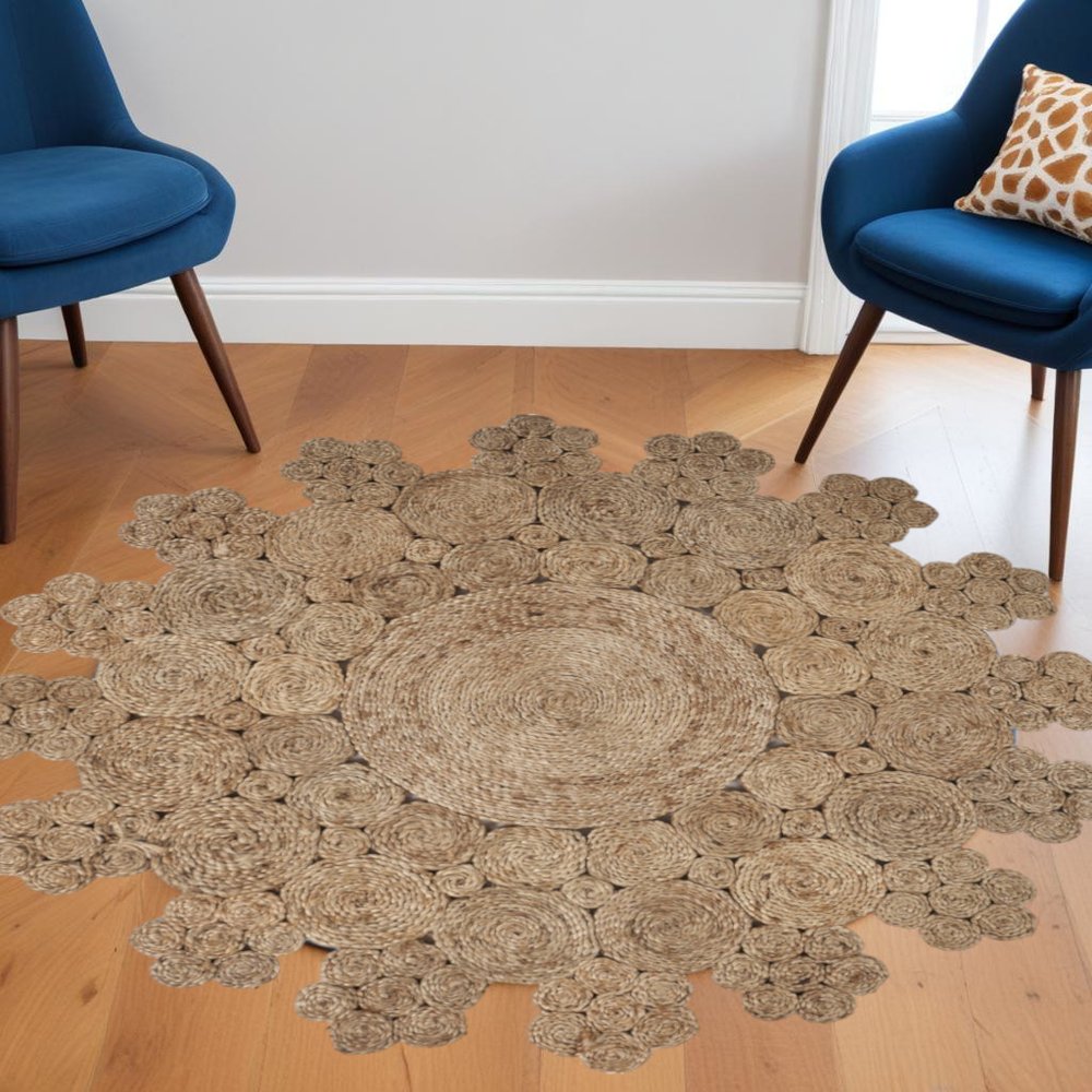 5' X 5' Natural Jute Abstract Geometric Hand Braided Area Rug