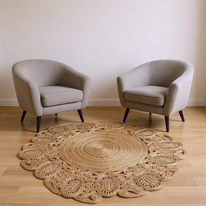 5' X 5' Natural Jute Abstract Geometric Hand Braided Area Rug