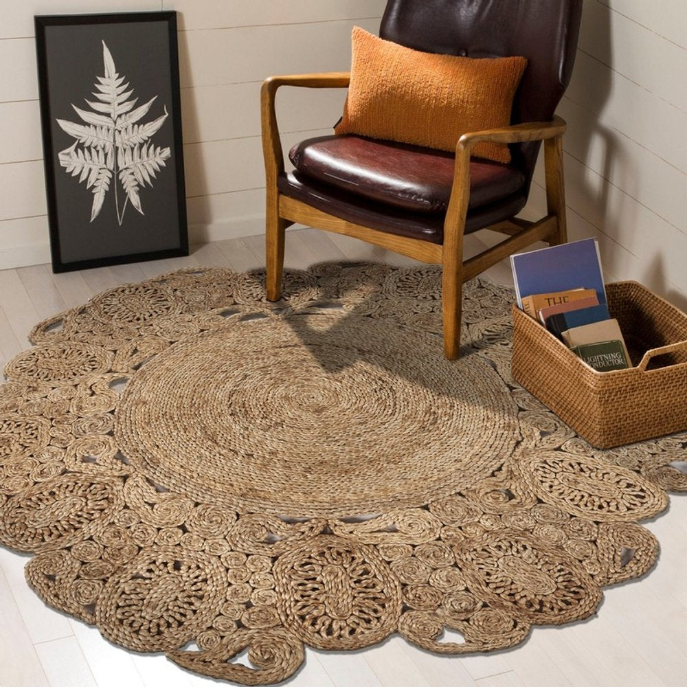 5' X 5' Natural Jute Abstract Geometric Hand Braided Area Rug