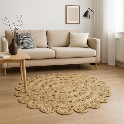 6' Natural Jute Abstract Geometric Hand Braided Round Rug