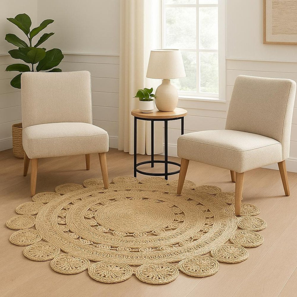 5' X 5' Natural Jute Abstract Geometric Hand Braided Area Rug