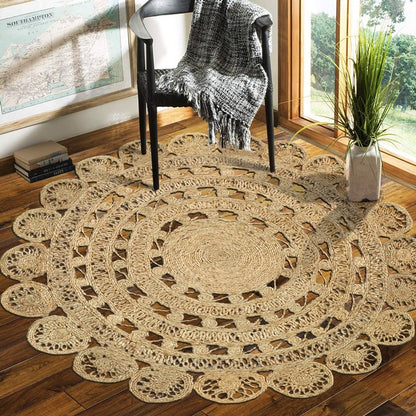 5' X 5' Natural Jute Abstract Geometric Hand Braided Area Rug