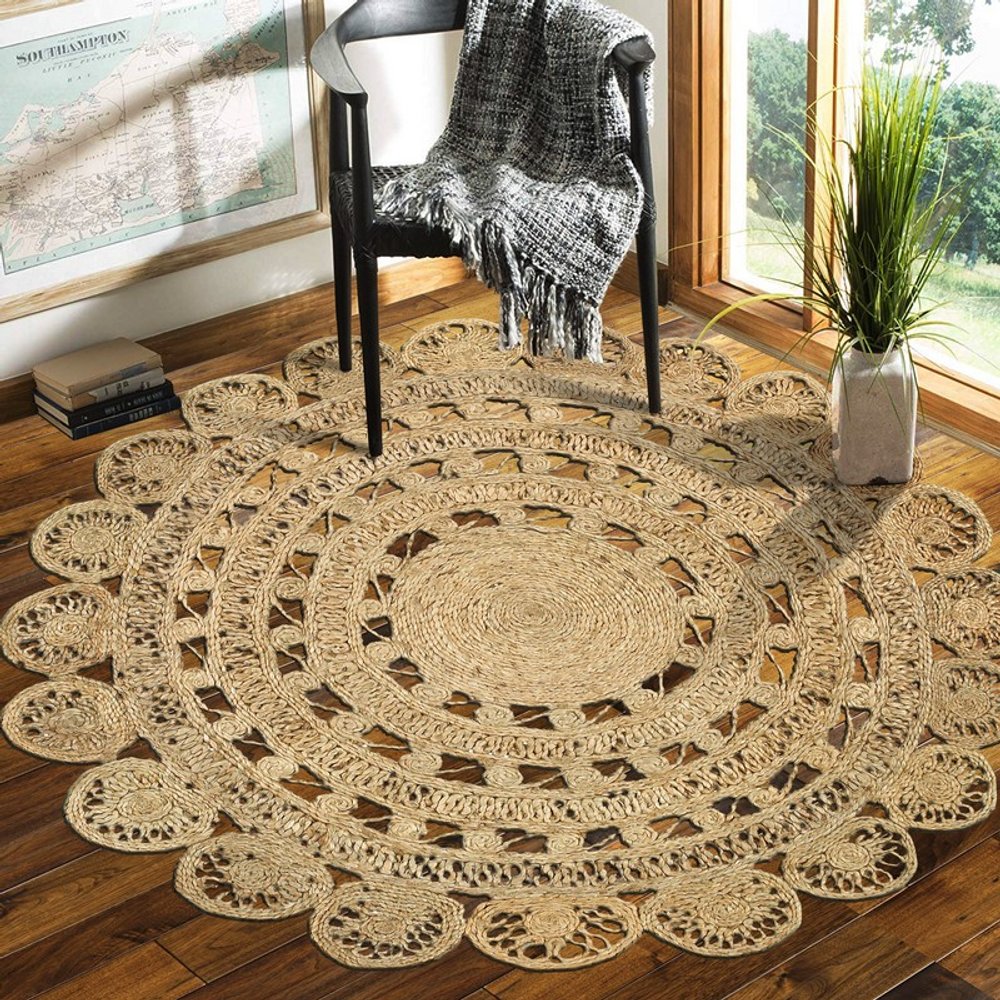 5' X 5' Natural Jute Abstract Geometric Hand Braided Area Rug