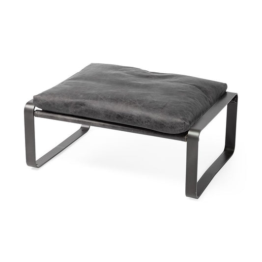 27" Black Genuine Leather Ottoman