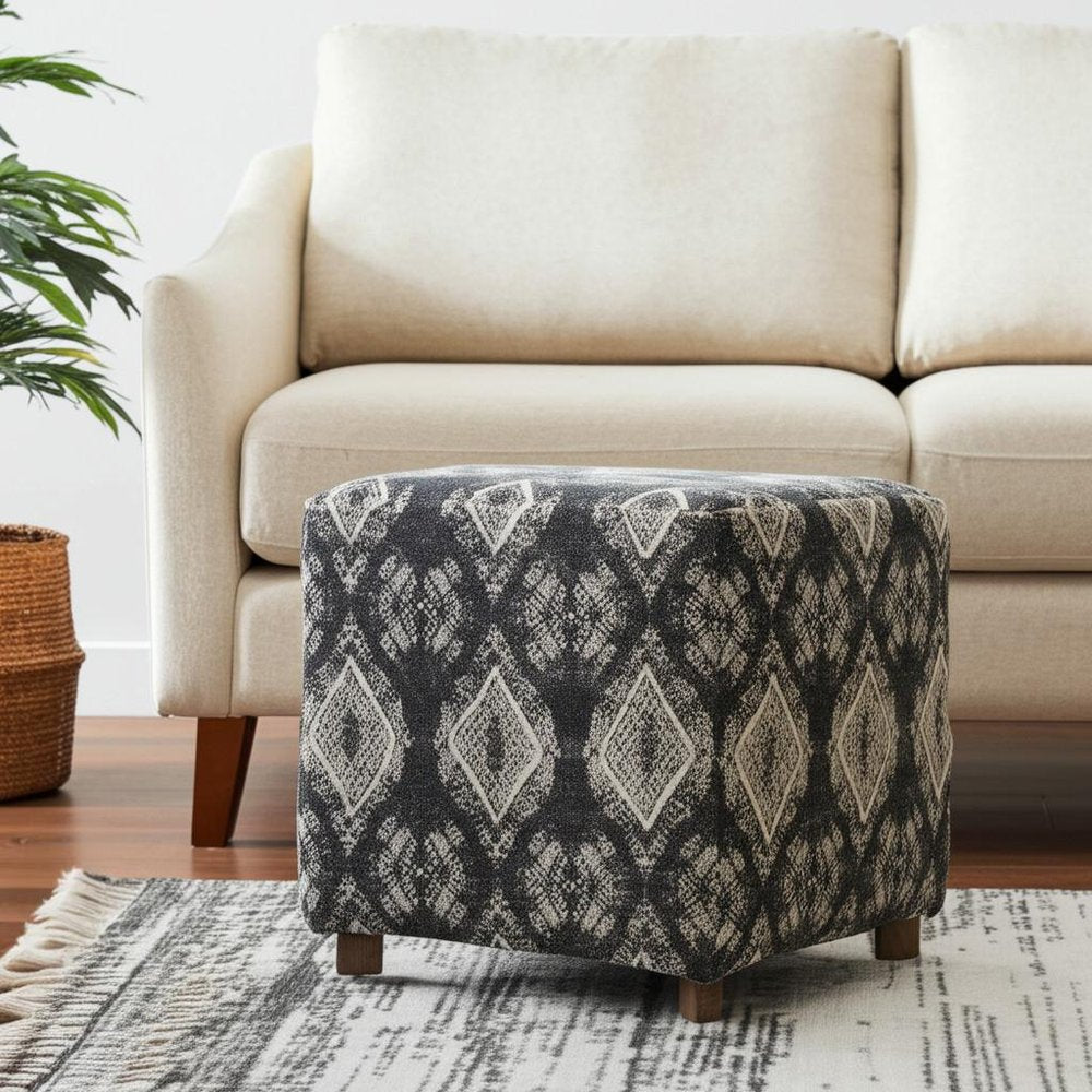 19" Gray Cotton and Brown Cube Ottoman