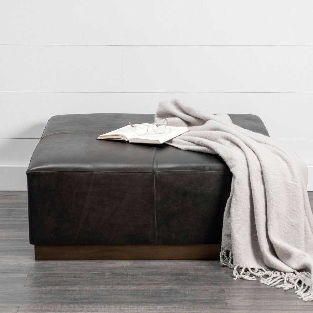 36" Black Faux Leather and Brown Footstool