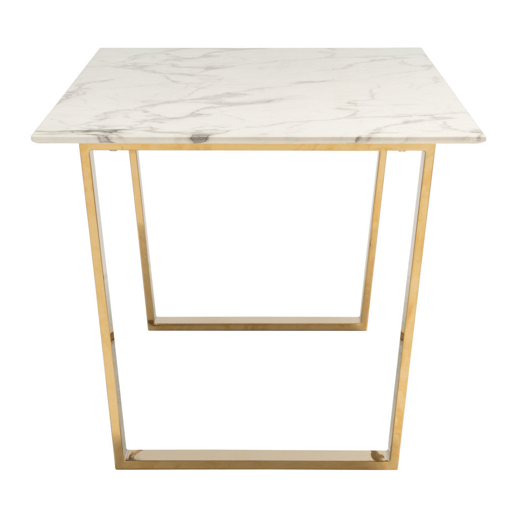 71" White And Gold Faux Marble And Steel Sled Base Dining Table